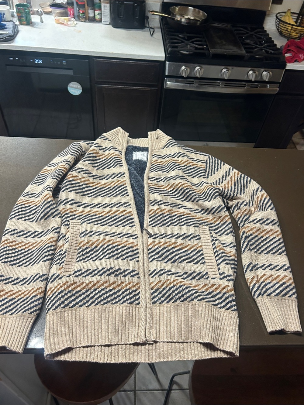 Zip-Up Knit Sweater Jacket in Beige with Navy & Tan Stripes